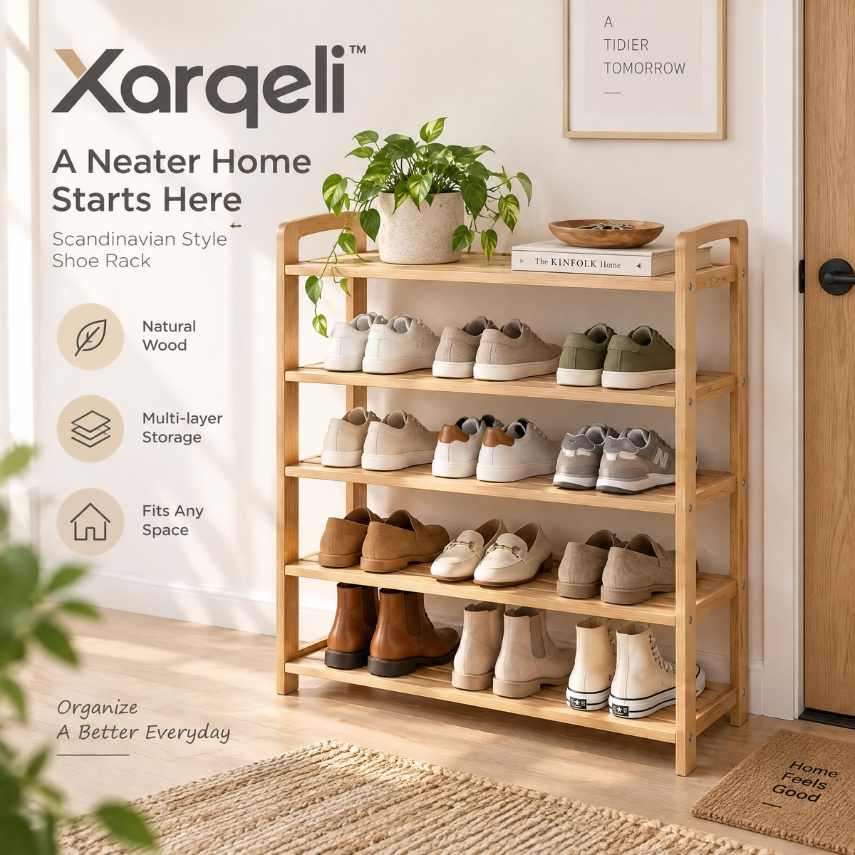 Xarqeli™ 5-Tier Natural Wood Shoe Rack, Open Entryway Organizer — overview