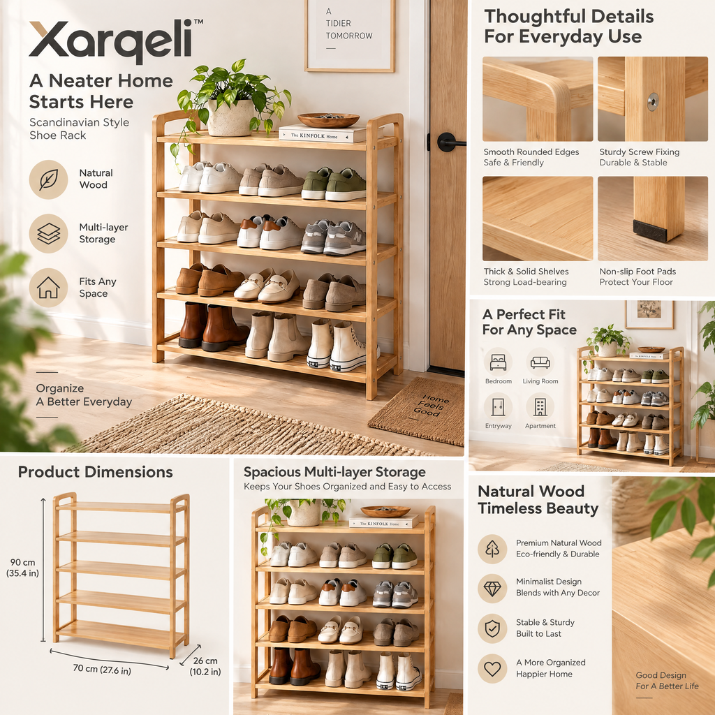 Xarqeli™ 5-Tier Natural Wood Shoe Rack, Open Entryway Organizer — design details