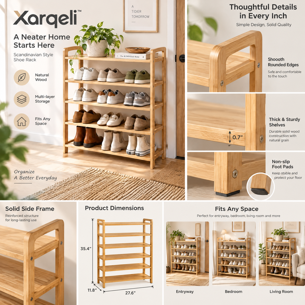 Xarqeli™ 5-Tier Natural Wood Shoe Rack, Open Entryway Organizer — feature details