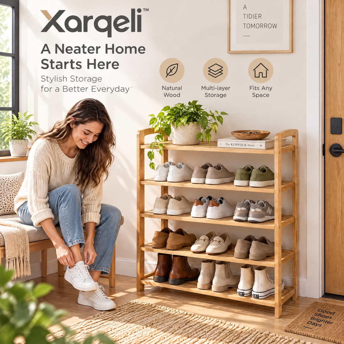 Xarqeli™ 5-Tier Natural Wood Shoe Rack, Open Entryway Organizer — lifestyle