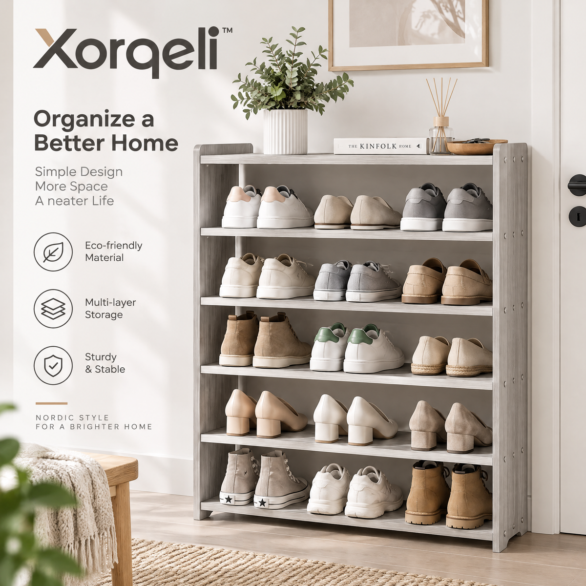 Xarqeli™ 5-Tier Gray Shoe Rack, Freestanding Entryway Storage Shelf — overview