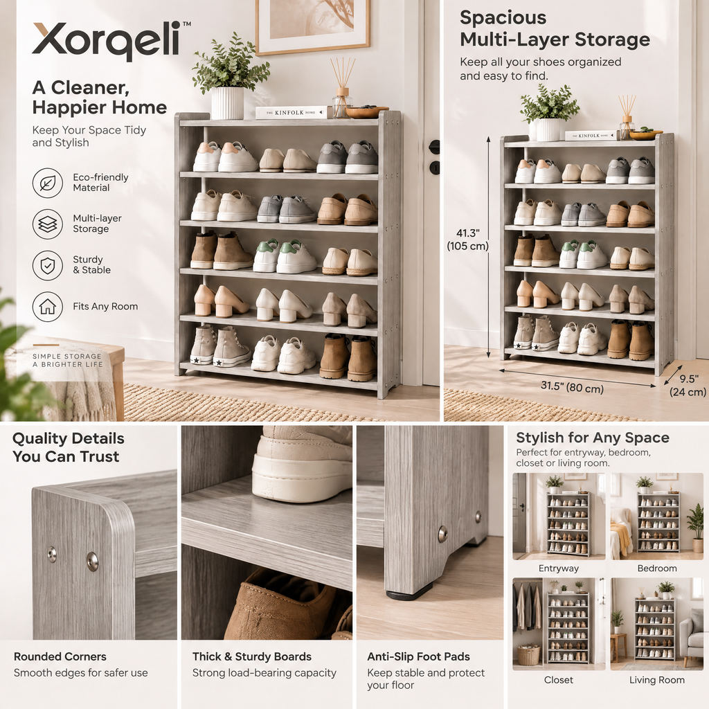 Xarqeli™ 5-Tier Gray Shoe Rack, Freestanding Entryway Storage Shelf — design details