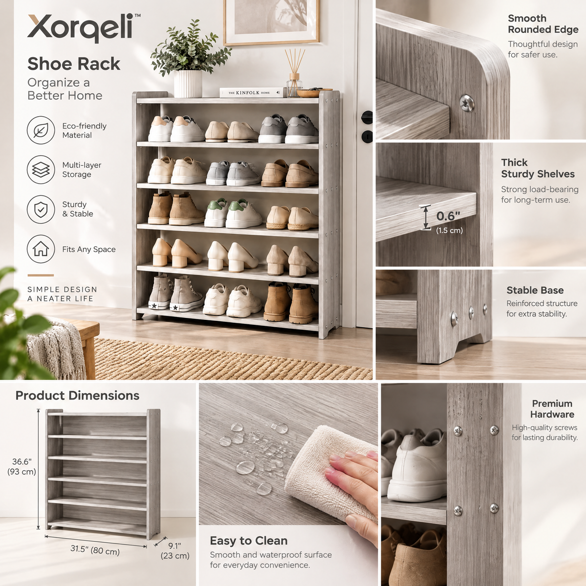 Xarqeli™ 5-Tier Gray Shoe Rack, Freestanding Entryway Storage Shelf — feature details