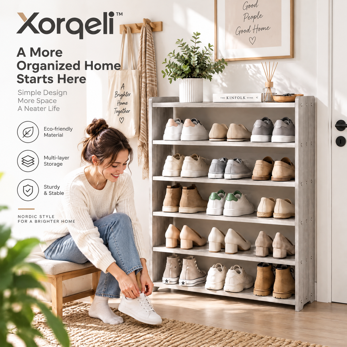 Xarqeli™ 5-Tier Gray Shoe Rack, Freestanding Entryway Storage Shelf — lifestyle