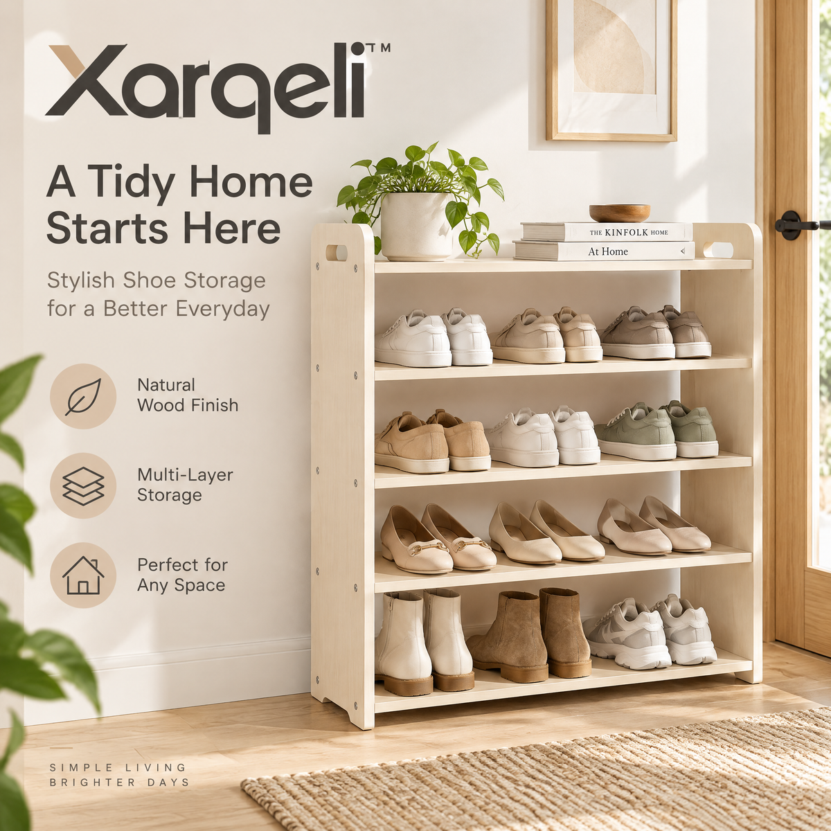 Xarqeli™ 4-Tier Light Wood Shoe Rack, Minimalist Shoe Storage Organizer — overview