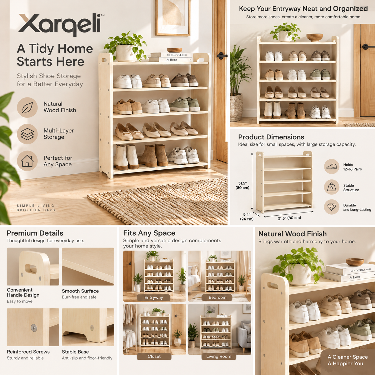 Xarqeli™ 4-Tier Light Wood Shoe Rack, Minimalist Shoe Storage Organizer — design details