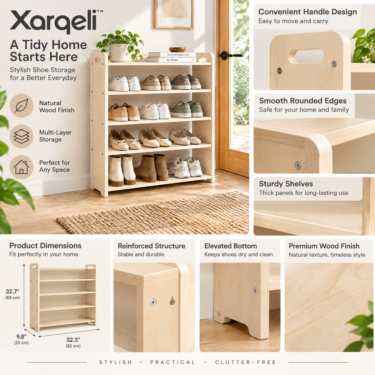 Xarqeli™ 4-Tier Light Wood Shoe Rack, Minimalist Shoe Storage Organizer — feature details