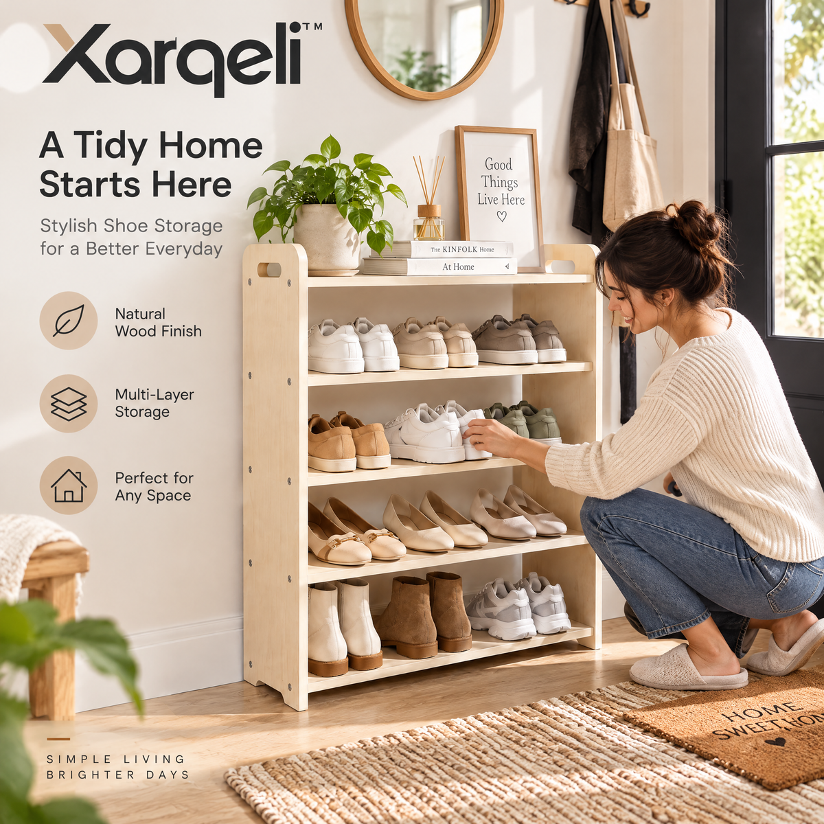 Xarqeli™ 4-Tier Light Wood Shoe Rack, Minimalist Shoe Storage Organizer — lifestyle
