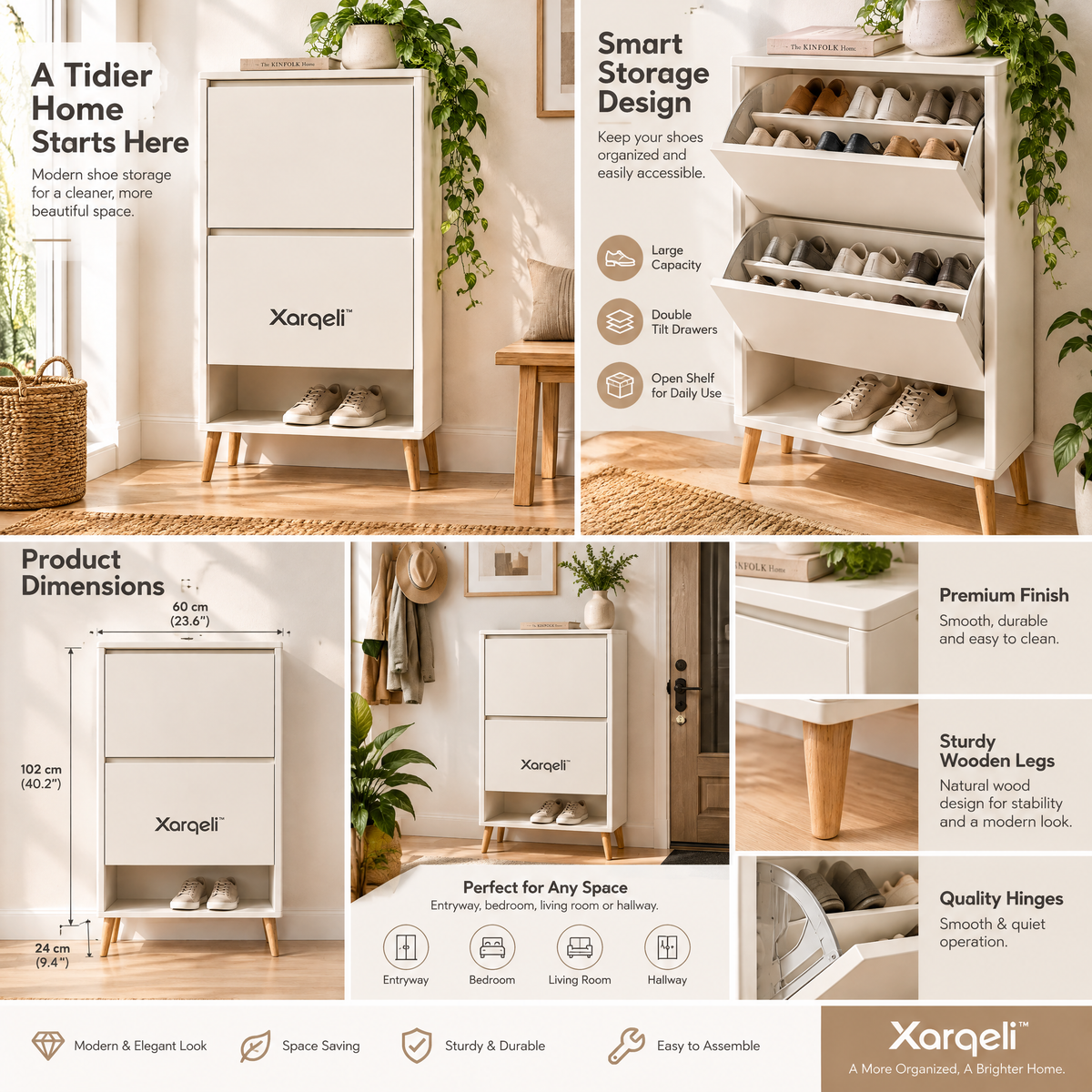 Xarqeli™ White 2-Drawer Tilt-Out Shoe Cabinet with Open Bottom Shelf — design details