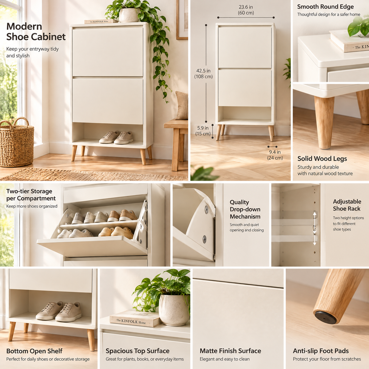 Xarqeli™ White 2-Drawer Tilt-Out Shoe Cabinet with Open Bottom Shelf — feature details