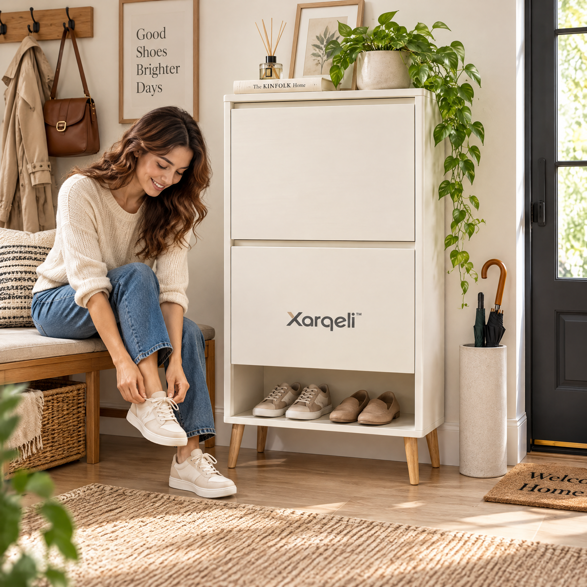 Xarqeli™ White 2-Drawer Tilt-Out Shoe Cabinet with Open Bottom Shelf — lifestyle