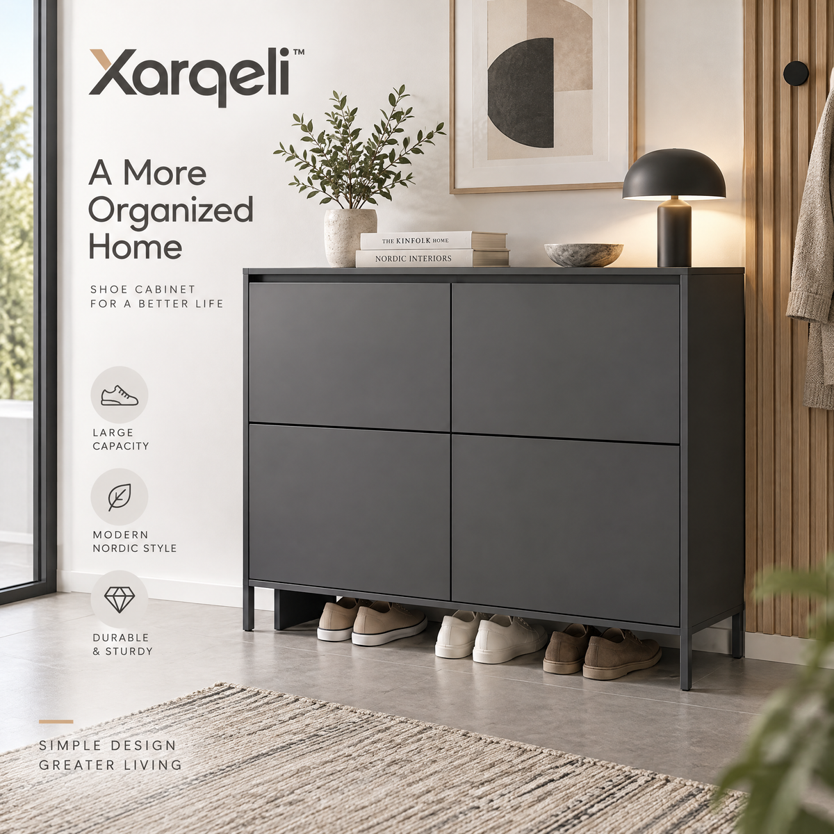 Xarqeli™ Charcoal 4-Compartment Shoe Cabinet with Open Base — overview