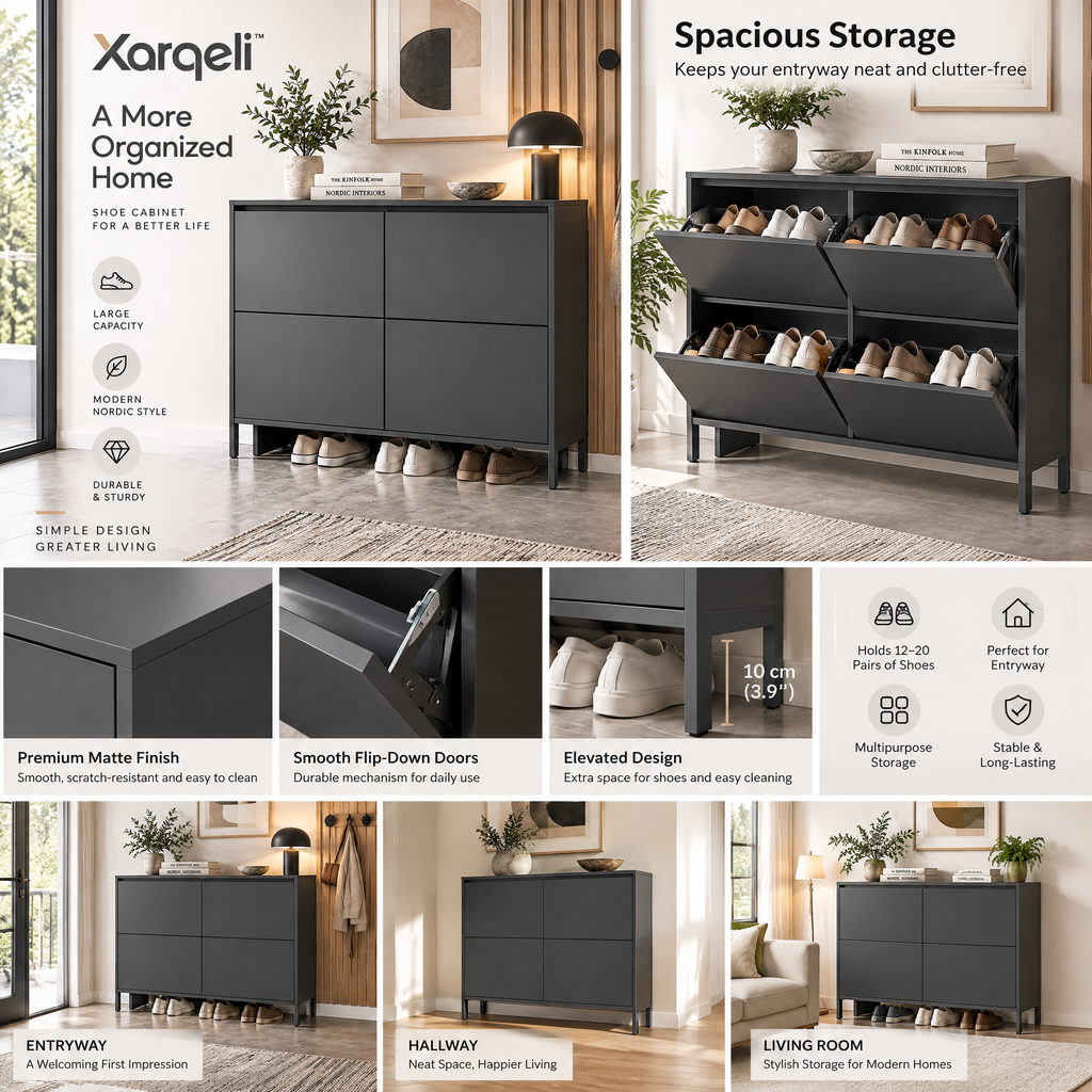 Xarqeli™ Charcoal 4-Compartment Shoe Cabinet with Open Base — design details