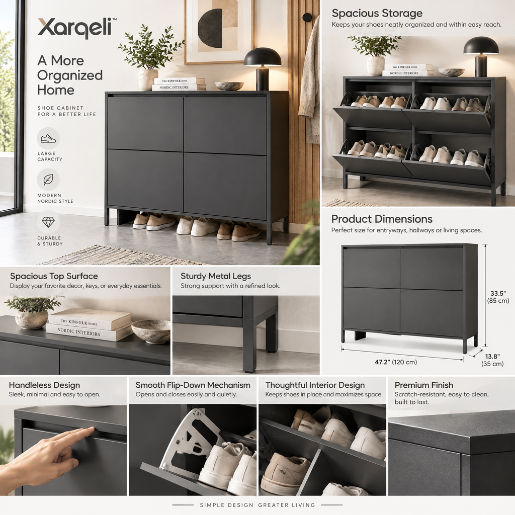 Xarqeli™ Charcoal 4-Compartment Shoe Cabinet with Open Base — feature details