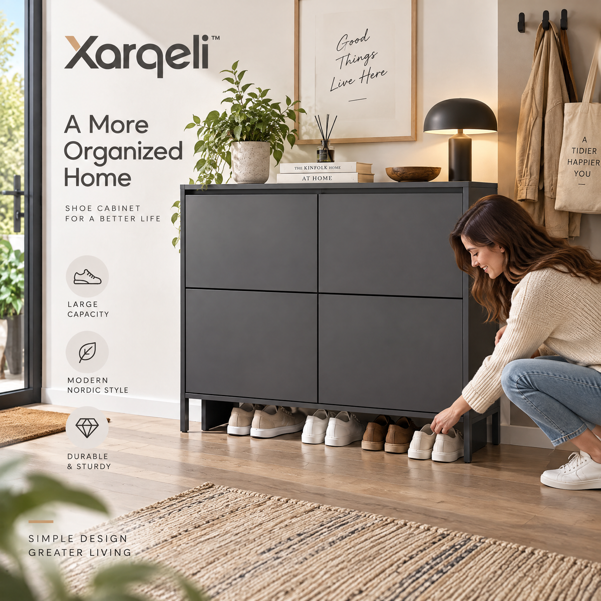 Xarqeli™ Charcoal 4-Compartment Shoe Cabinet with Open Base — lifestyle