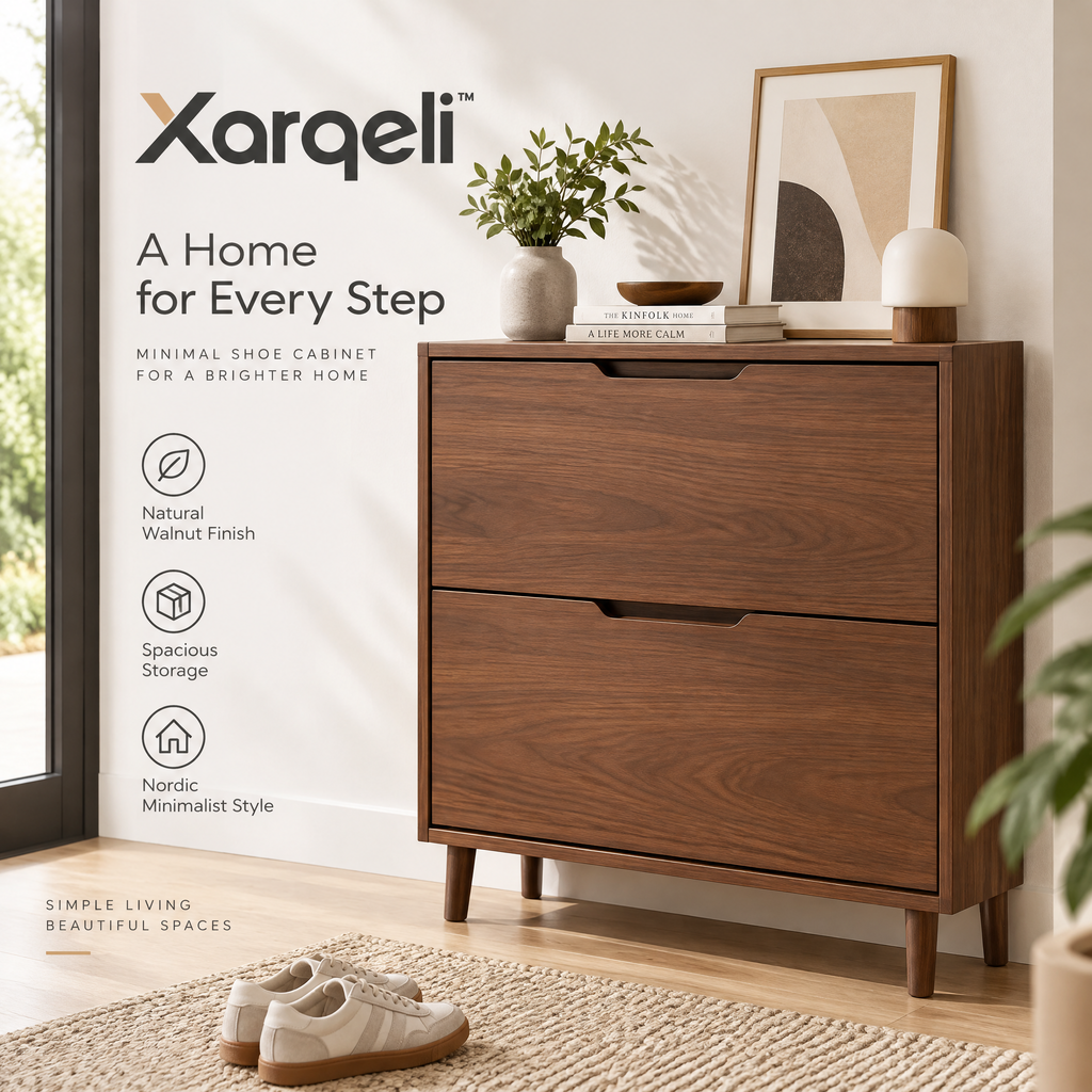 Xarqeli™ Walnut 2-Drawer Shoe Cabinet, Mid-Century Entryway Organizer — overview