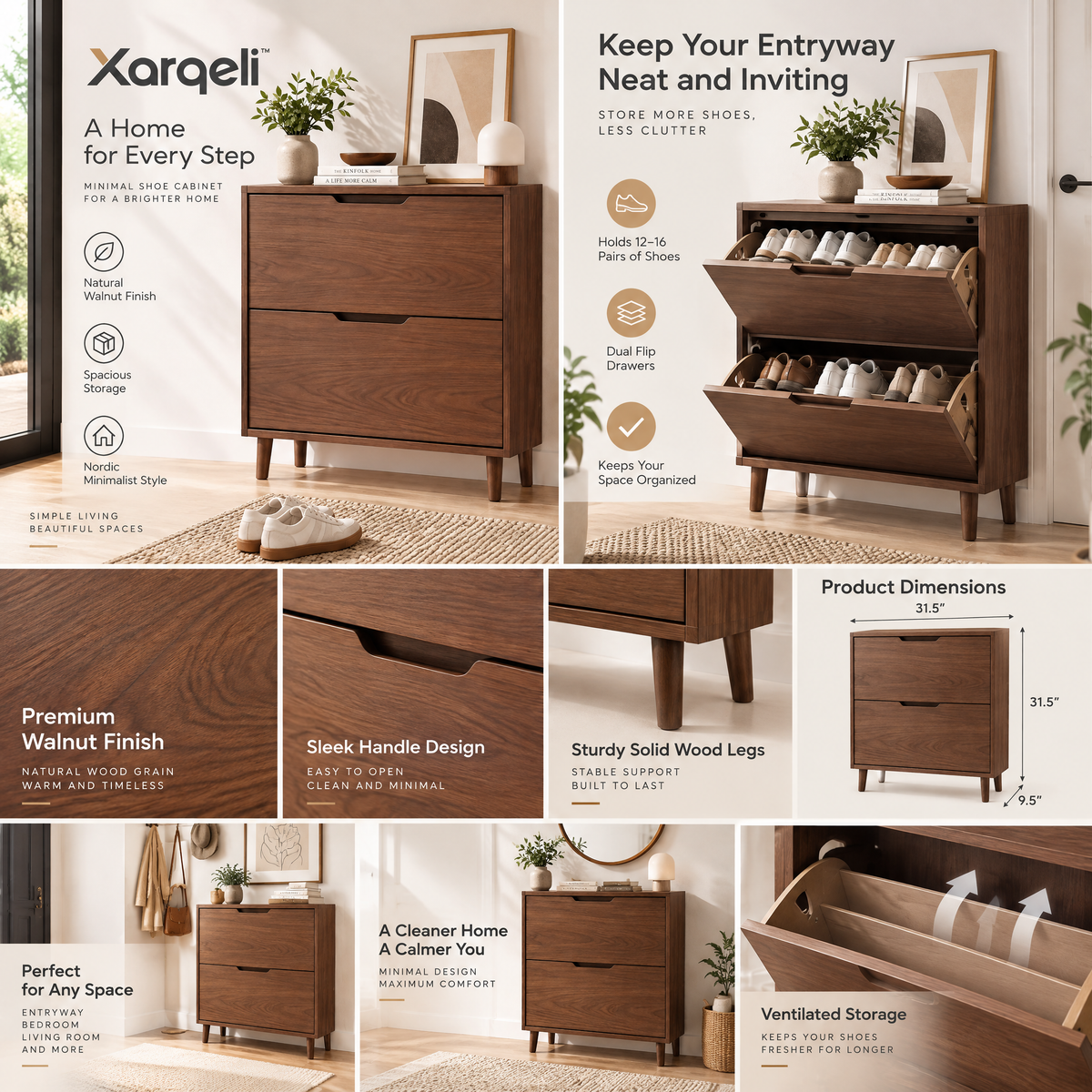 Xarqeli™ Walnut 2-Drawer Shoe Cabinet, Mid-Century Entryway Organizer — design details