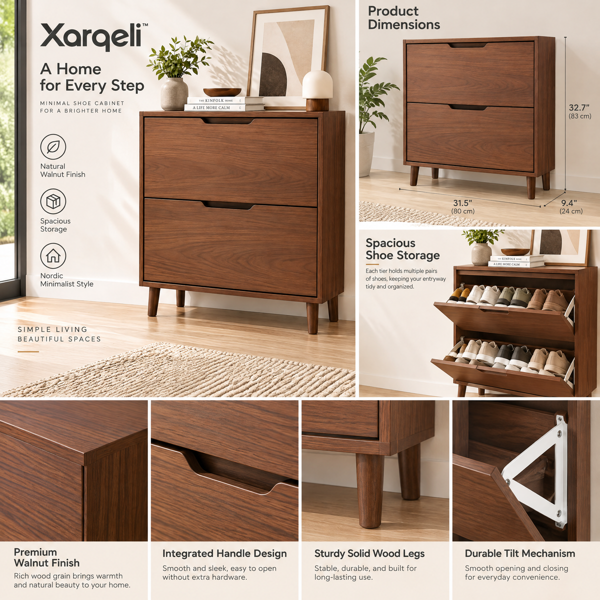 Xarqeli™ Walnut 2-Drawer Shoe Cabinet, Mid-Century Entryway Organizer — feature details