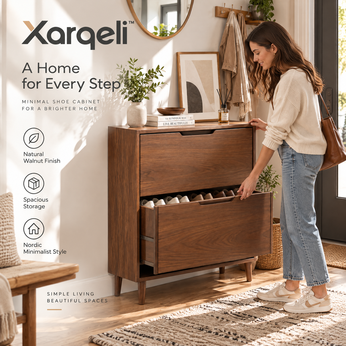 Xarqeli™ Walnut 2-Drawer Shoe Cabinet, Mid-Century Entryway Organizer — lifestyle