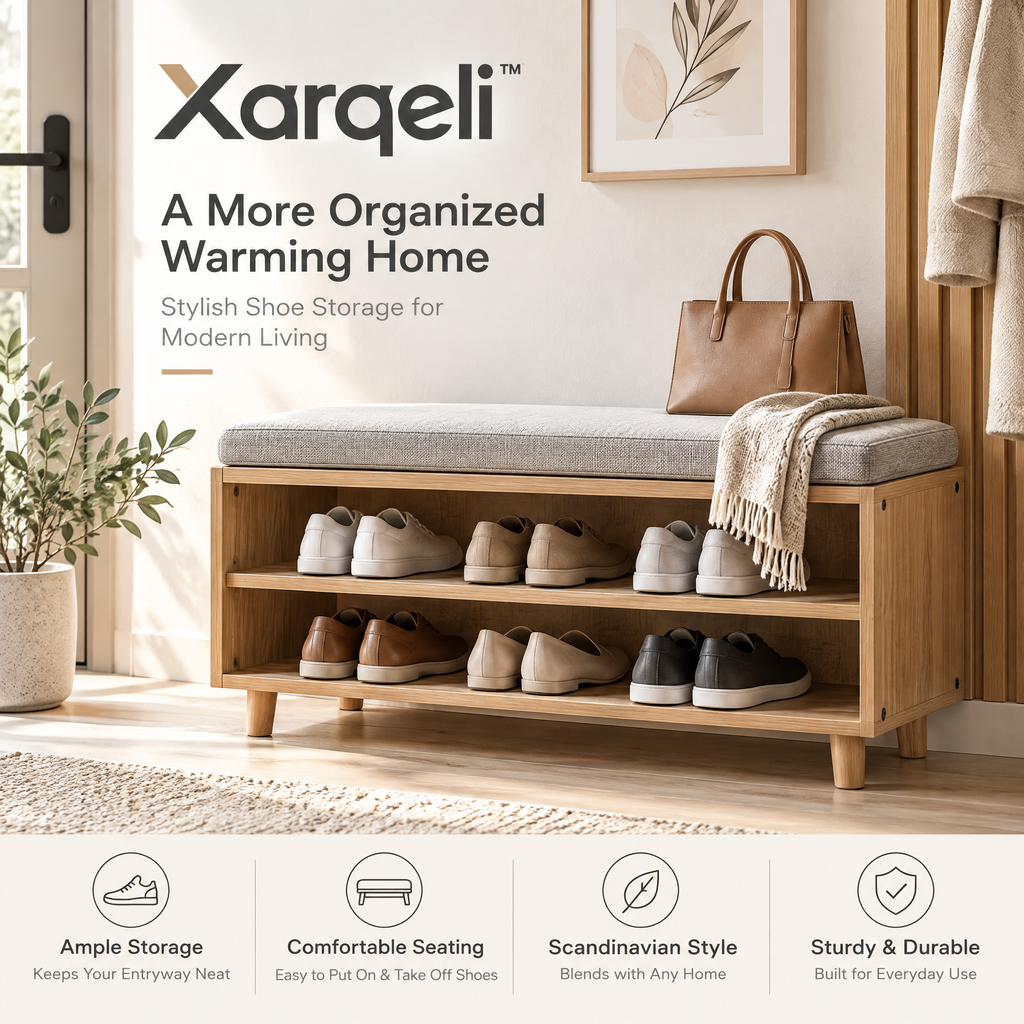 Xarqeli™ Wood Shoe Storage Bench with Cushioned Seat and 2 Shelves — overview