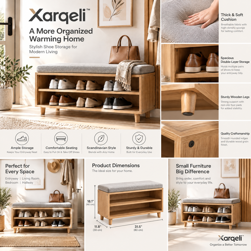 Xarqeli™ Wood Shoe Storage Bench with Cushioned Seat and 2 Shelves — design details