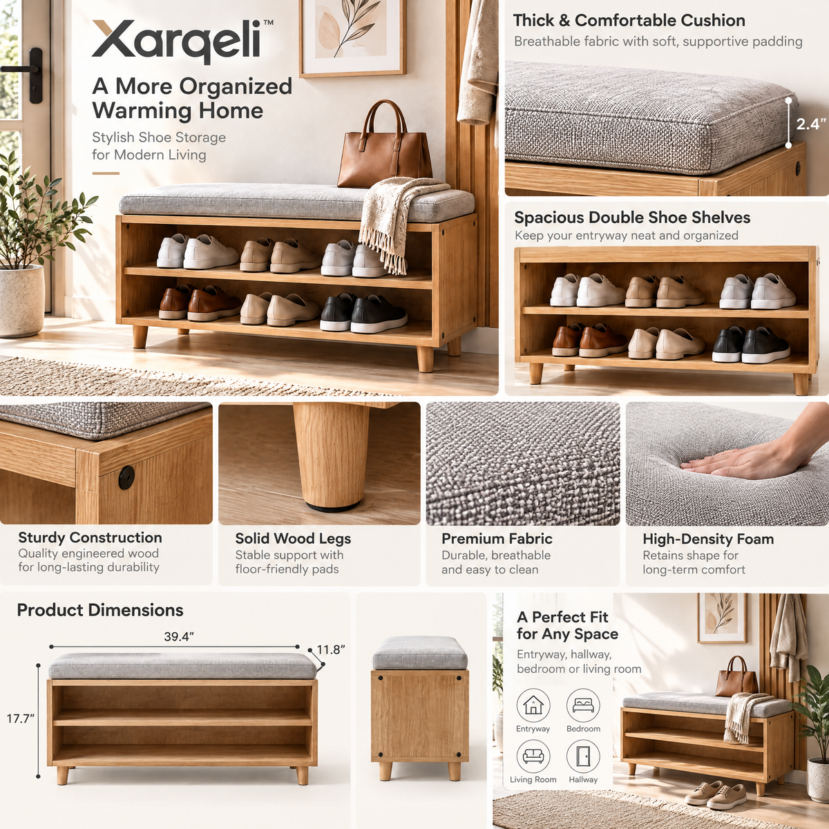 Xarqeli™ Wood Shoe Storage Bench with Cushioned Seat and 2 Shelves — feature details