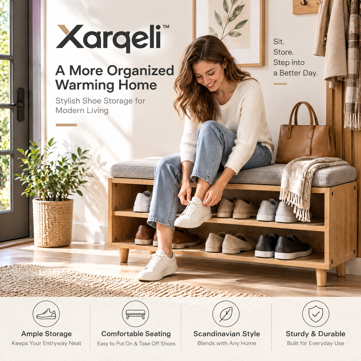 Xarqeli™ Wood Shoe Storage Bench with Cushioned Seat and 2 Shelves — lifestyle