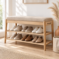 Xarqeli™ Natural Wood Shoe Bench with Padded Seat and 2 Slatted Shelves — overview