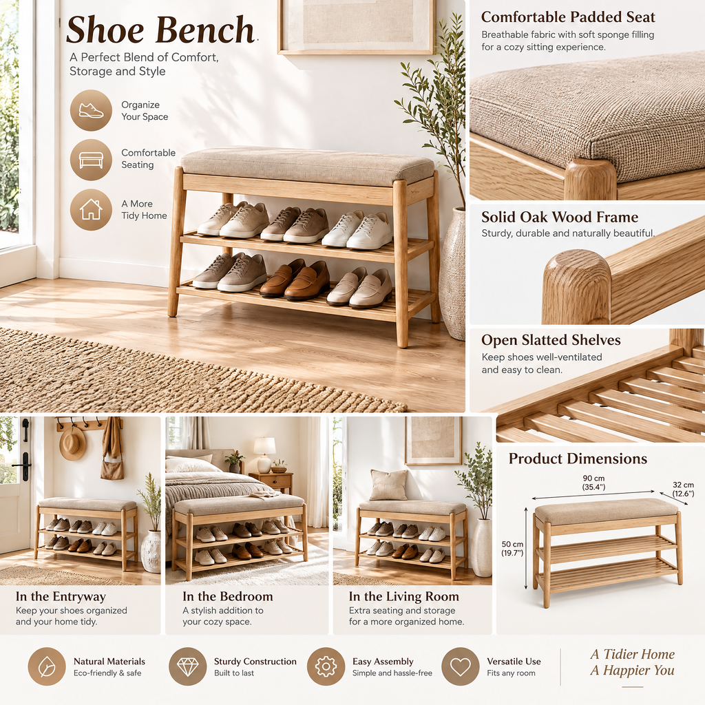 Xarqeli™ Natural Wood Shoe Bench with Padded Seat and 2 Slatted Shelves — design details