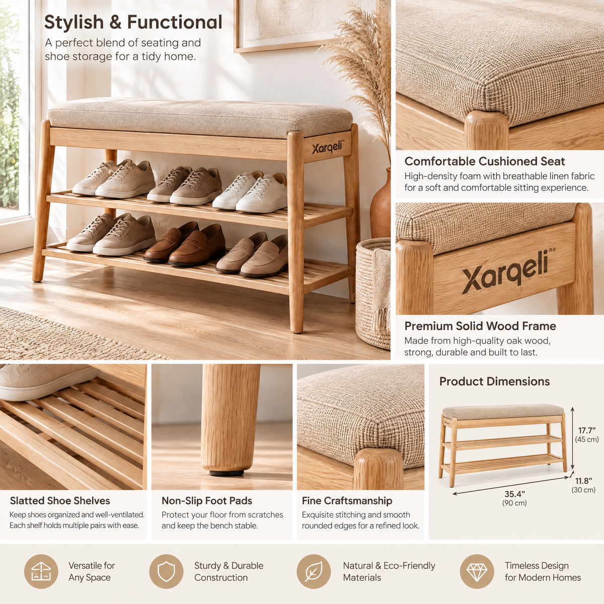 Xarqeli™ Natural Wood Shoe Bench with Padded Seat and 2 Slatted Shelves — feature details