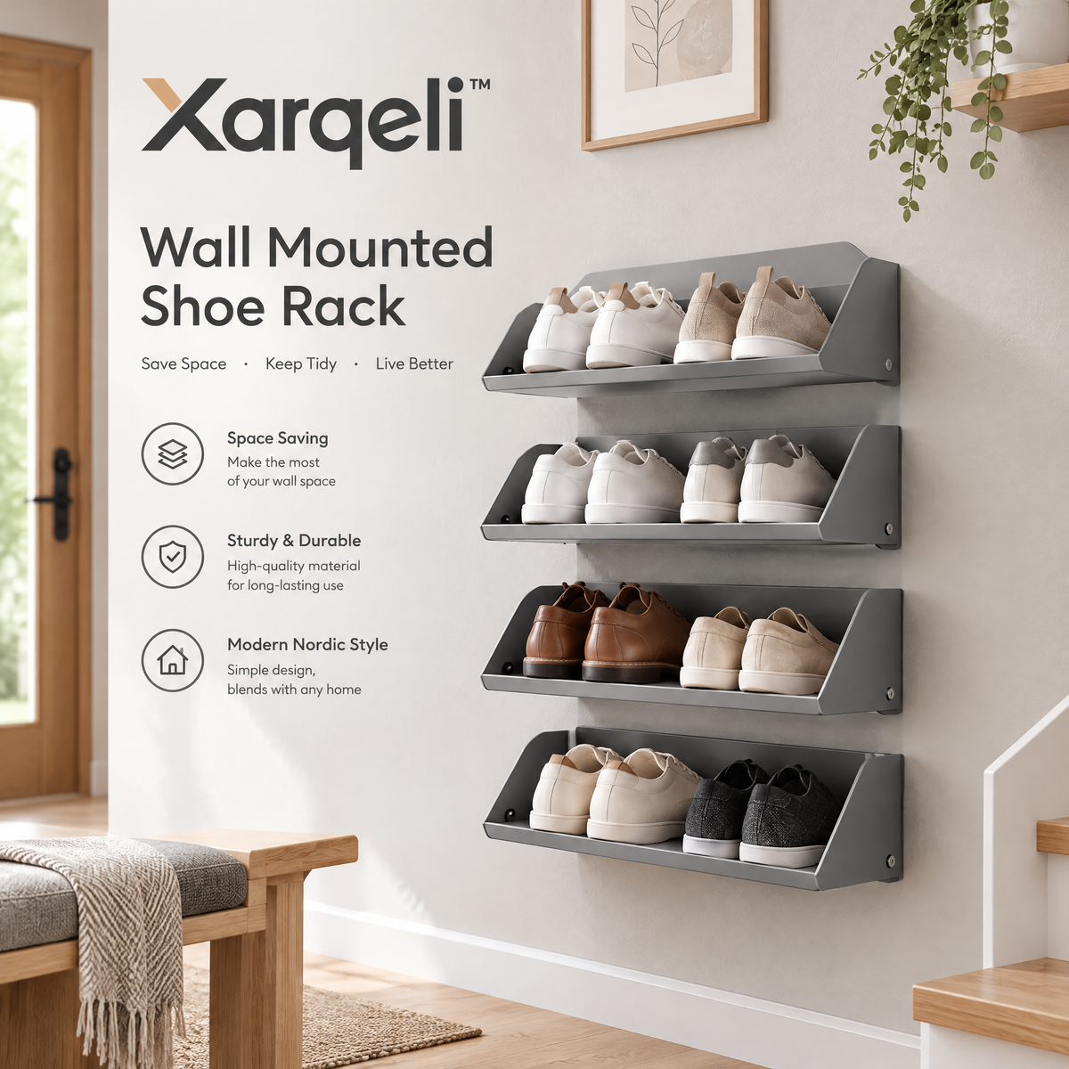 Xarqeli™ Gray 4-Tier Wall-Mounted Shoe Rack, Space-Saving Organizer — overview