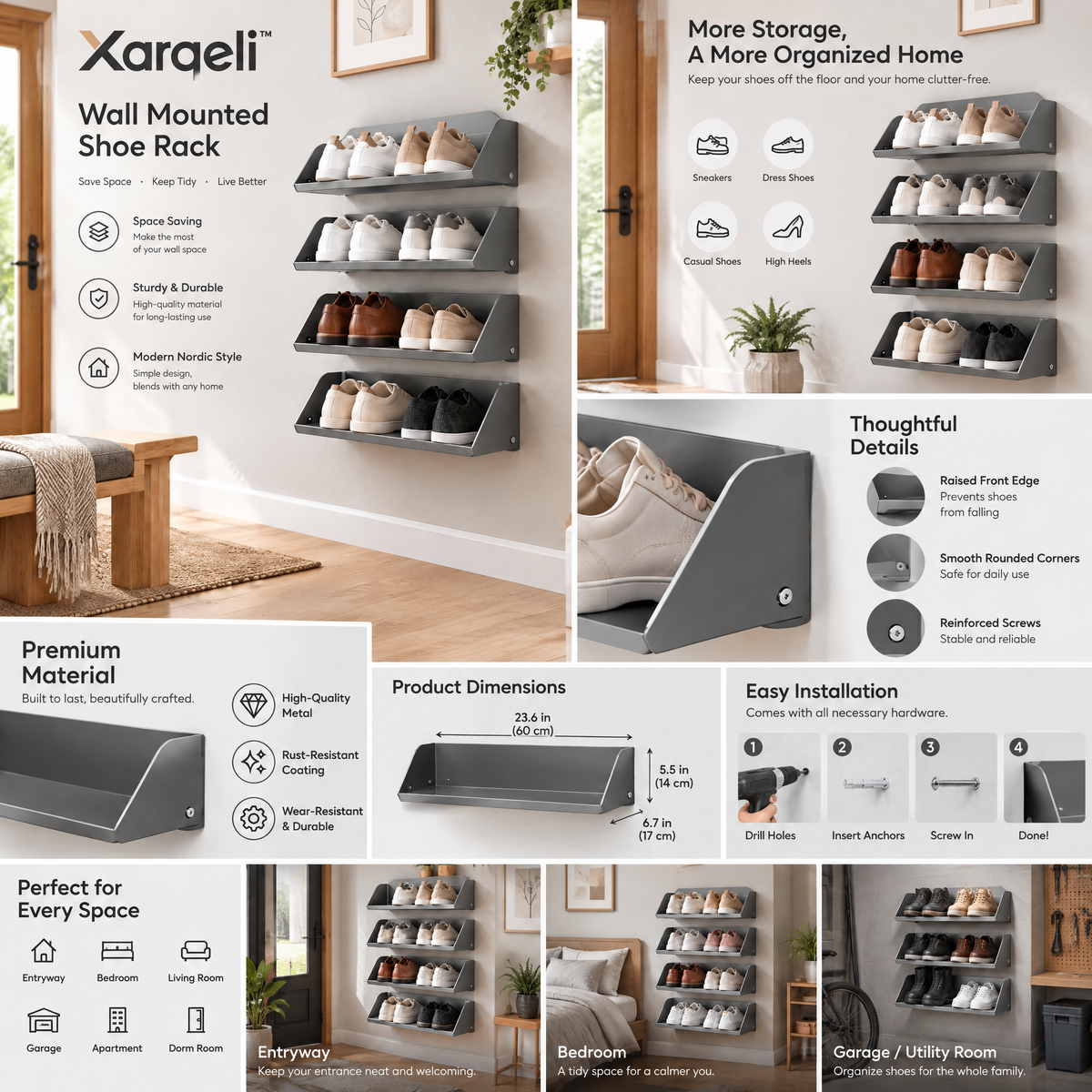 Xarqeli™ Gray 4-Tier Wall-Mounted Shoe Rack, Space-Saving Organizer — design details