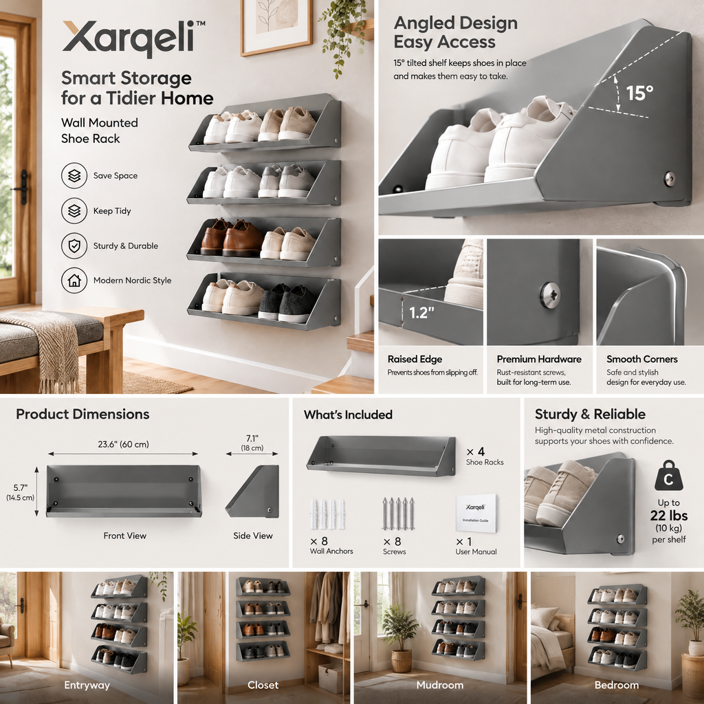 Xarqeli™ Gray 4-Tier Wall-Mounted Shoe Rack, Space-Saving Organizer — feature details