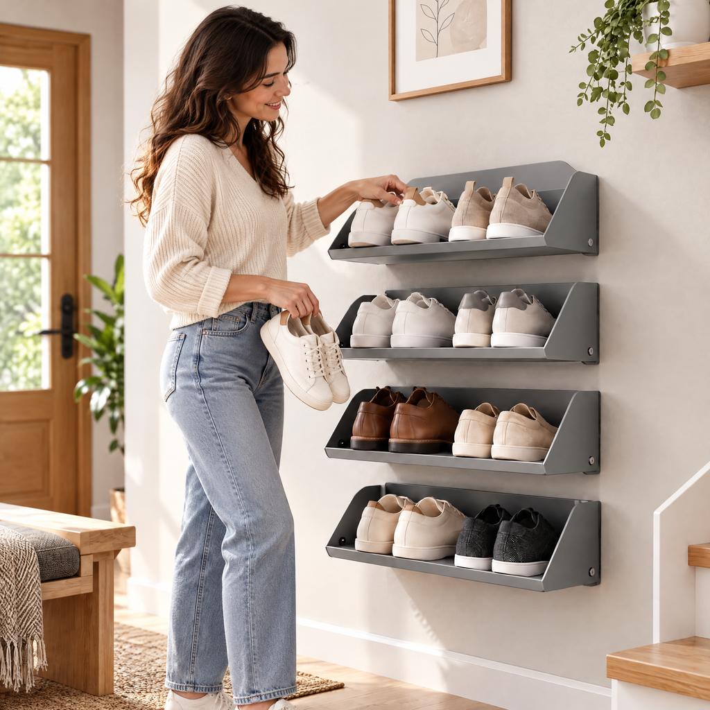 Xarqeli™ Gray 4-Tier Wall-Mounted Shoe Rack, Space-Saving Organizer — lifestyle