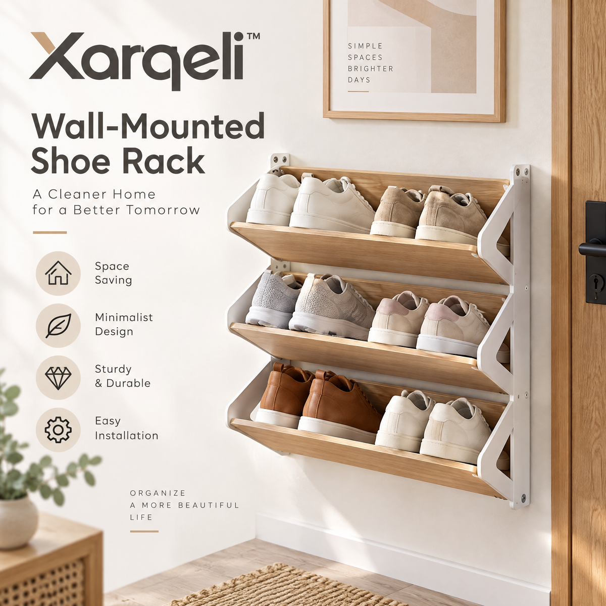 Xarqeli™ 3-Tier Wall-Mounted Shoe Rack with Wood-Look Shelves — overview