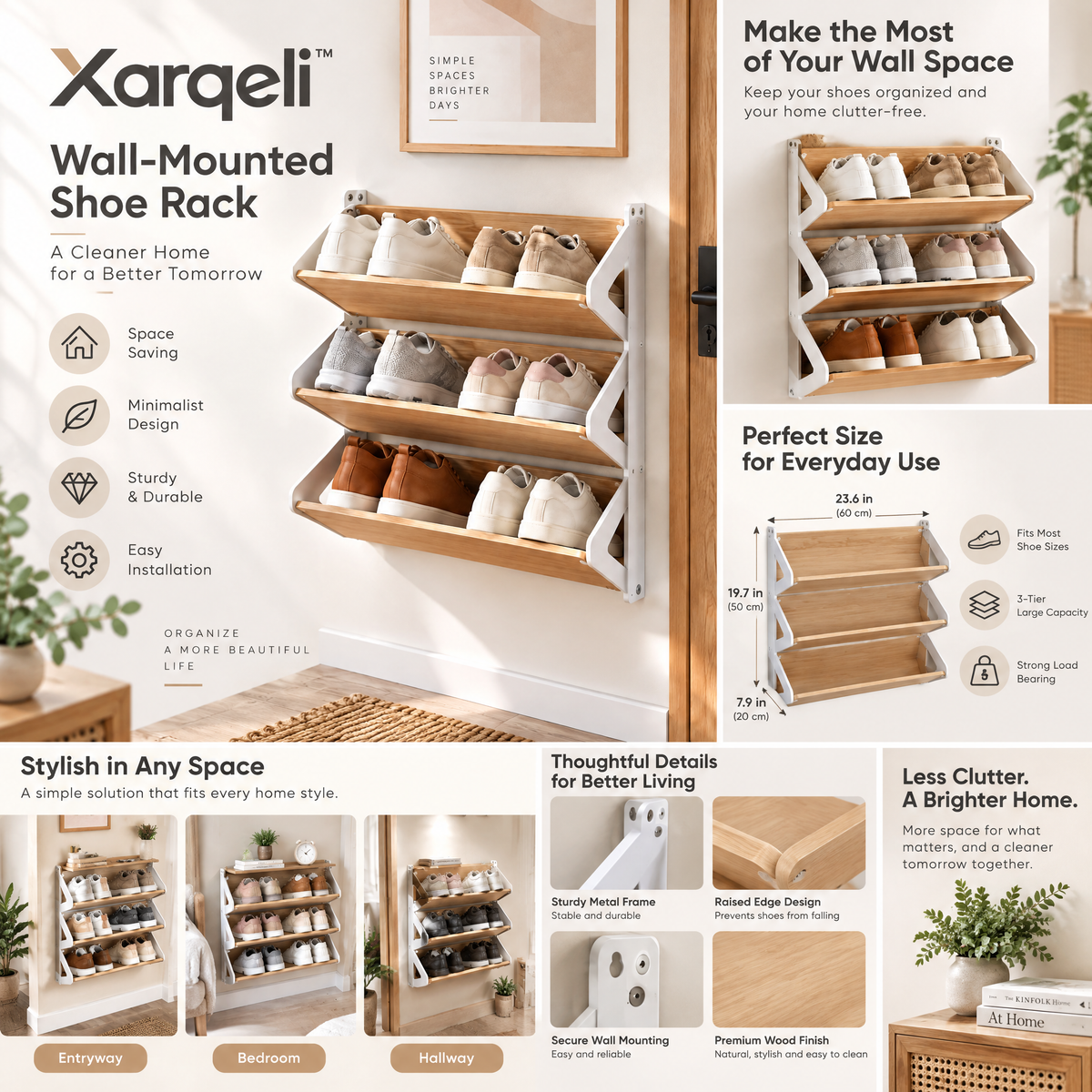 Xarqeli™ 3-Tier Wall-Mounted Shoe Rack with Wood-Look Shelves — design details