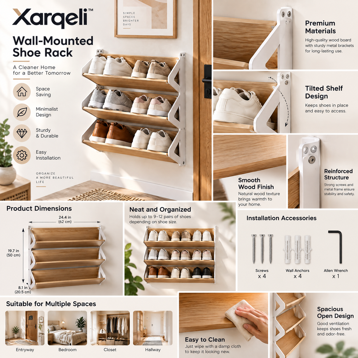 Xarqeli™ 3-Tier Wall-Mounted Shoe Rack with Wood-Look Shelves — feature details