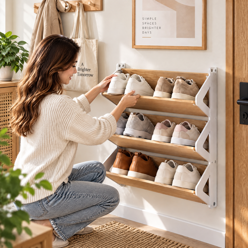 Xarqeli™ 3-Tier Wall-Mounted Shoe Rack with Wood-Look Shelves — lifestyle