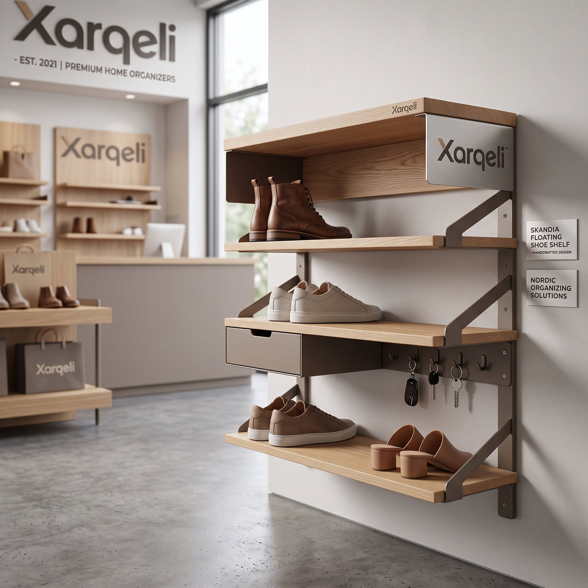 Xarqeli™ Wall-Mounted Shoe Organizer with 3 Shelves, Drawer and Hooks — overview