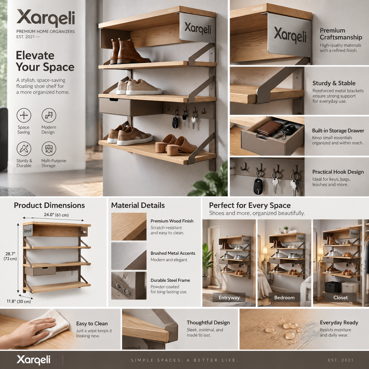 Xarqeli™ Wall-Mounted Shoe Organizer with 3 Shelves, Drawer and Hooks — design details