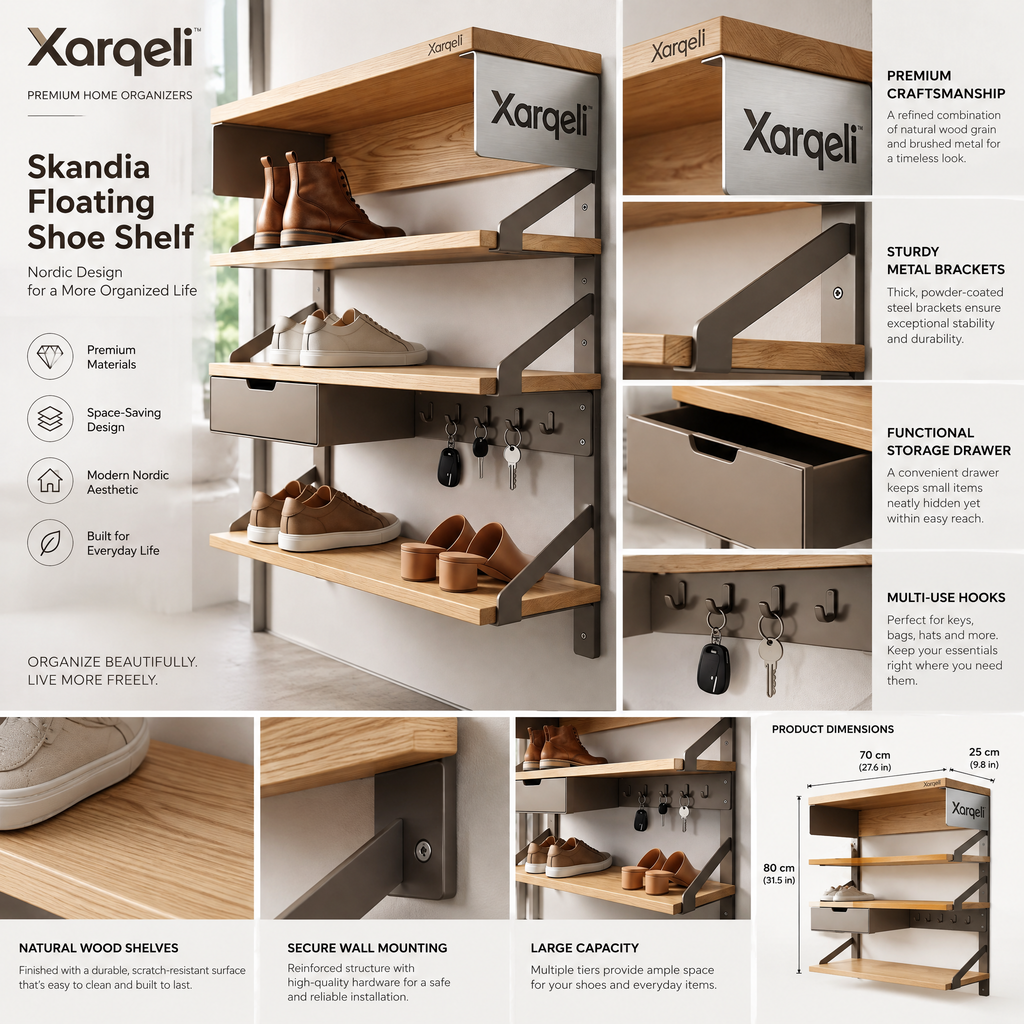 Xarqeli™ Wall-Mounted Shoe Organizer with 3 Shelves, Drawer and Hooks — feature details