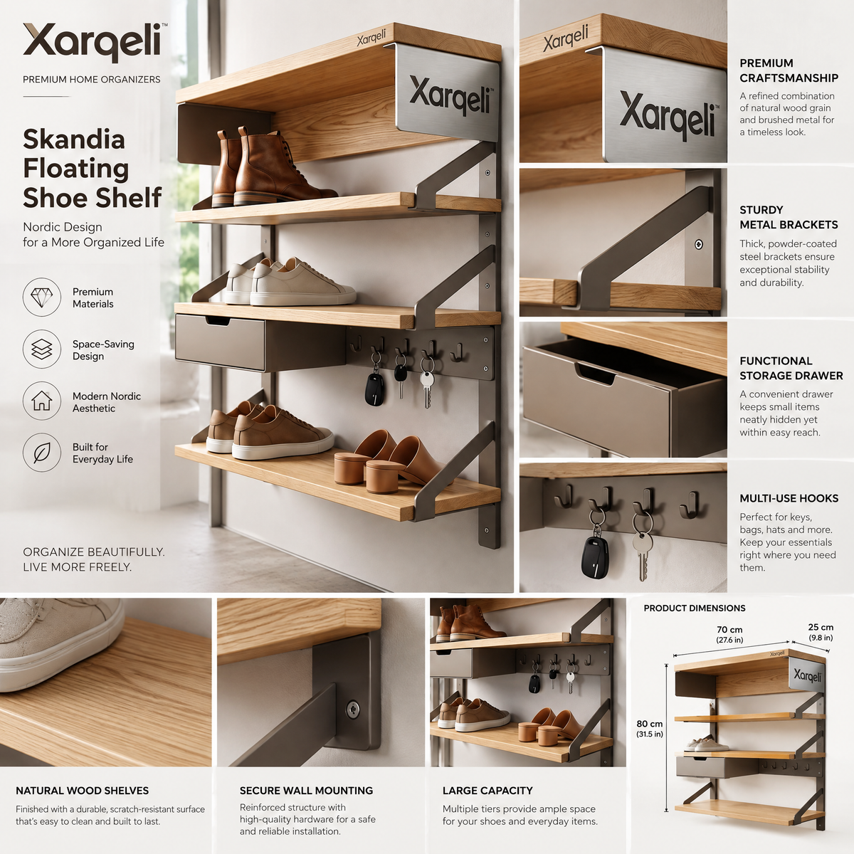 Xarqeli™ Wall-Mounted Shoe Organizer with 3 Shelves, Drawer and Hooks — feature details