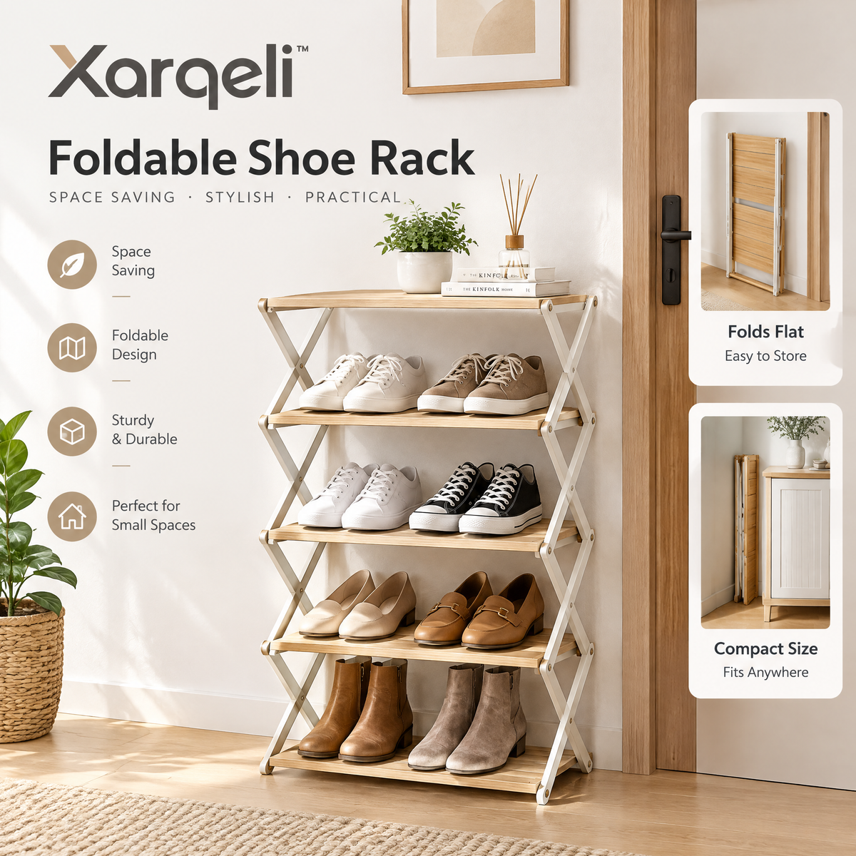 Xarqeli™ 5-Tier Foldable Shoe Rack, Natural Wood-Look Storage Organizer — overview