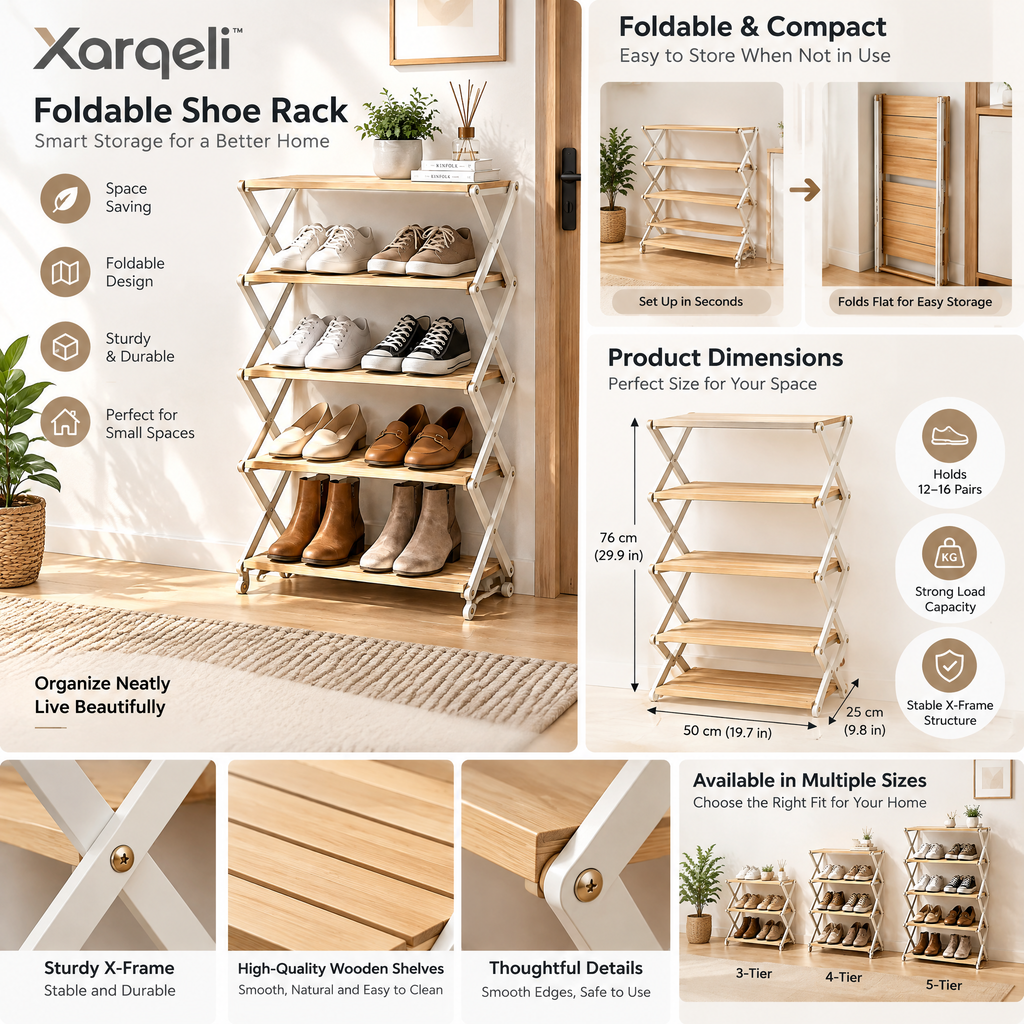 Xarqeli™ 5-Tier Foldable Shoe Rack, Natural Wood-Look Storage Organizer — design details