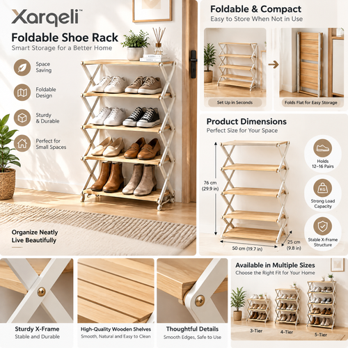 Xarqeli™ 5-Tier Foldable Shoe Rack, Natural Wood-Look Storage Organizer — design details
