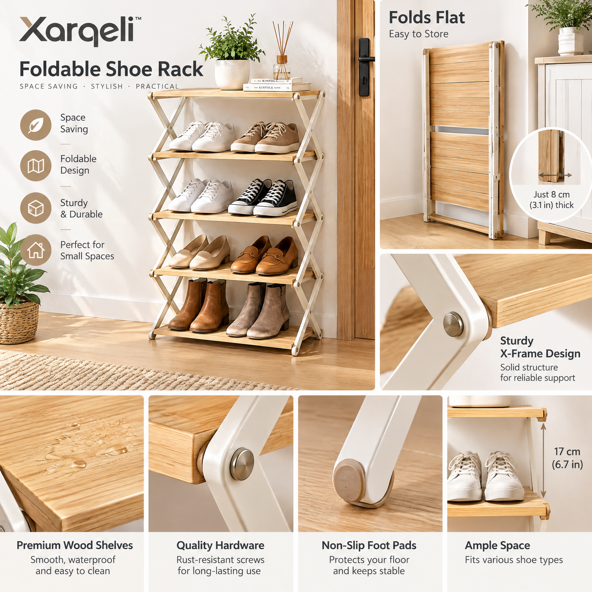 Xarqeli™ 5-Tier Foldable Shoe Rack, Natural Wood-Look Storage Organizer — feature details
