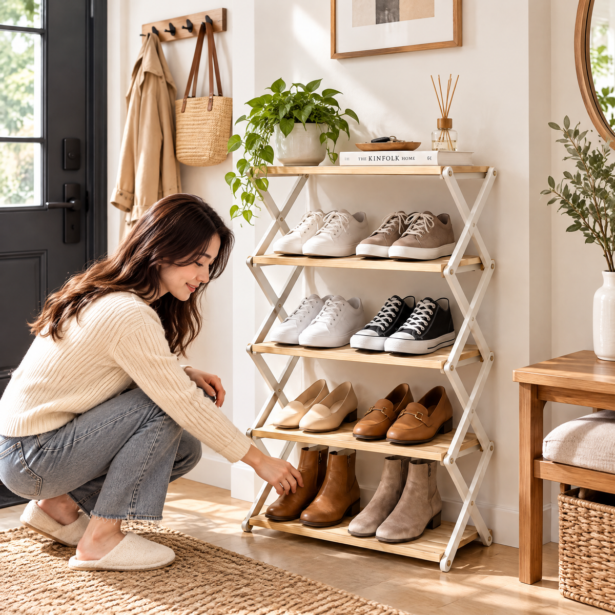 Xarqeli™ 5-Tier Foldable Shoe Rack, Natural Wood-Look Storage Organizer — lifestyle