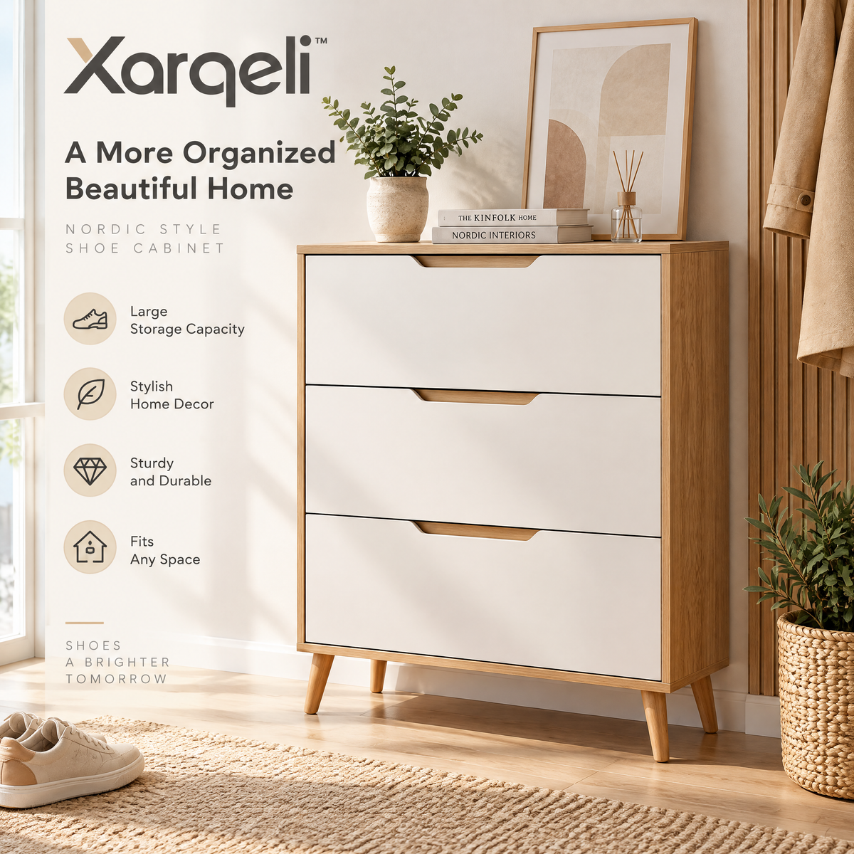 Xarqeli™ Oak and White 3-Drawer Shoe Cabinet with Tapered Legs — overview