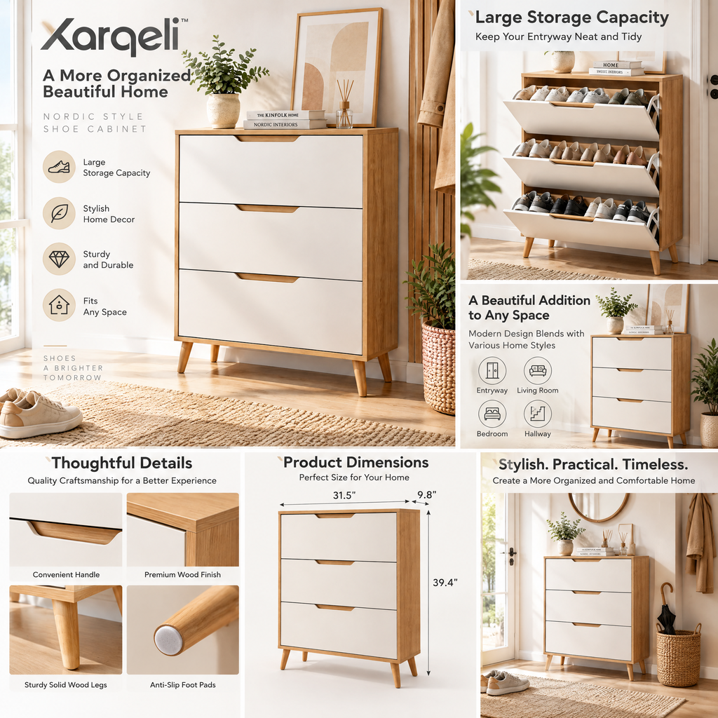 Xarqeli™ Oak and White 3-Drawer Shoe Cabinet with Tapered Legs — design details
