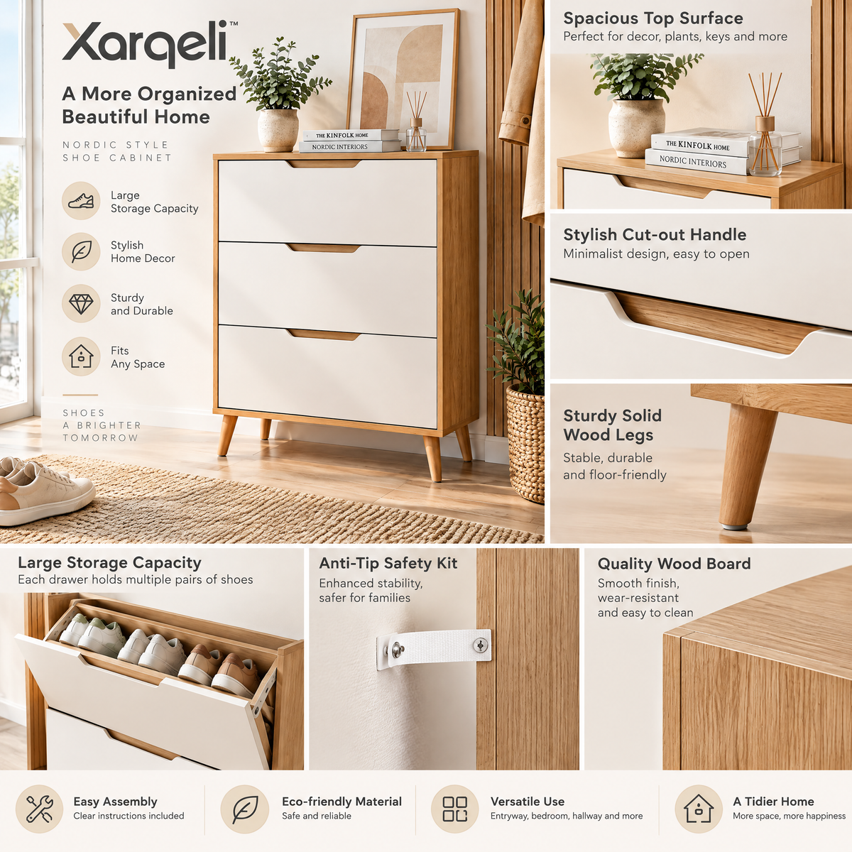 Xarqeli™ Oak and White 3-Drawer Shoe Cabinet with Tapered Legs — feature details